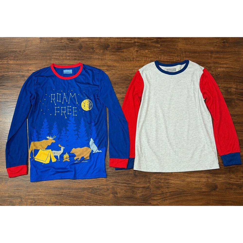 Eddie Bauer Pajama Tops Kids M 10/12 Blue Grey Excellent 2 PC Roam Free Graphic